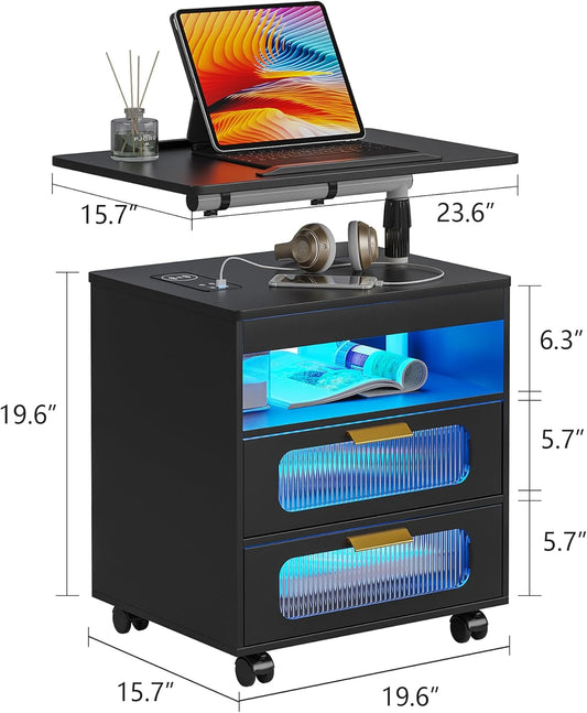 💡Nightstand with Wireless Charging Station, LED Nightstand Has Adjustable Rotary Workstation,Smart Night Stand with 2 Drawers,Modern Bedside Table for Bedroom, Sensor Light/Wheel