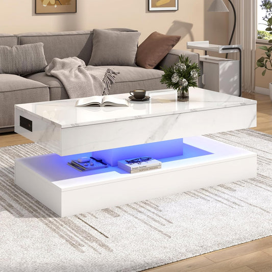 ✨47.2" Large Lift Top Coffee Table with Charging Station, LED Modern High Glossy Center Table with Hidden Compartment Storage, White Lift Living Room Tables with Marbling Print