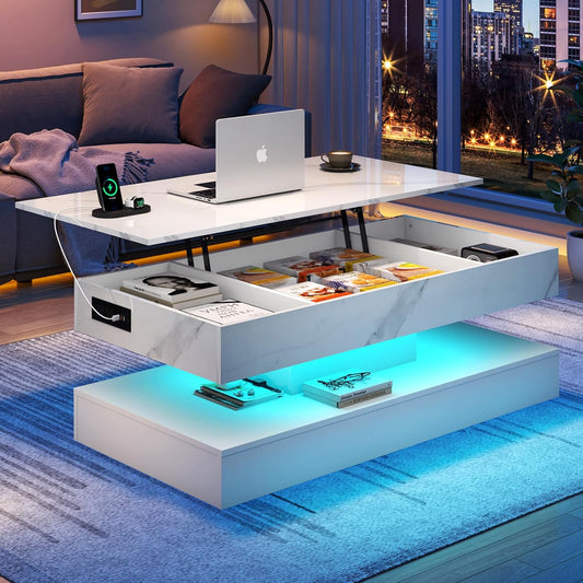 ✨47.2" Large Lift Top Coffee Table with Charging Station, LED Modern High Glossy Center Table with Hidden Compartment Storage, White Lift Living Room Tables with Marbling Print