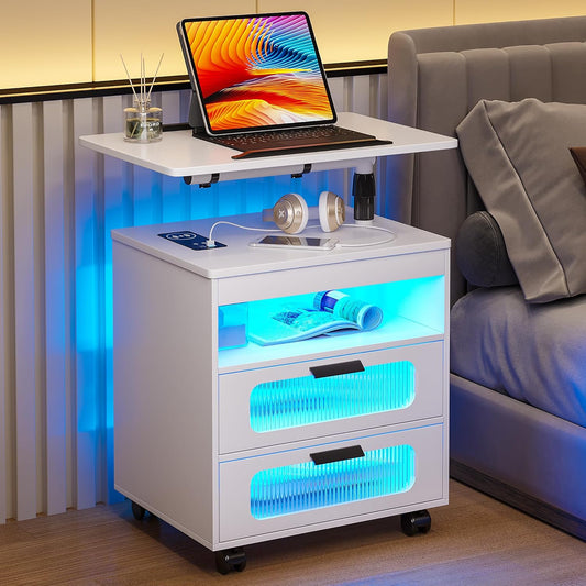 💡Nightstand with Wireless Charging Station, LED Nightstand Has Adjustable Rotary Workstation,Smart Night Stand with 2 Drawers,Modern Bedside Table for Bedroom, Sensor Light/Wheel
